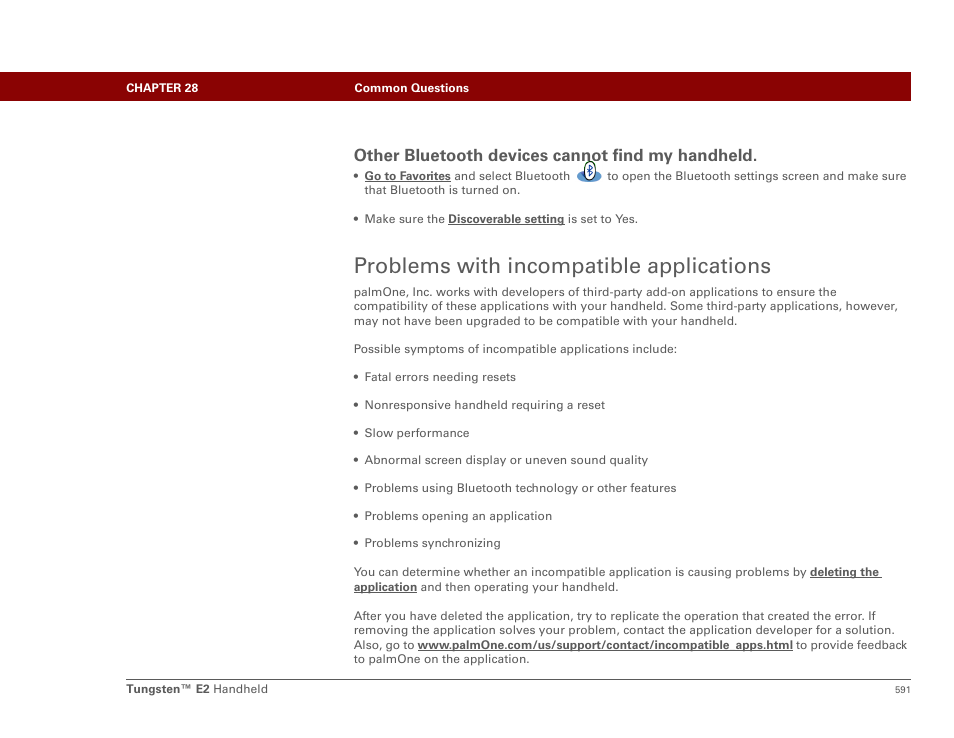 Problems with incompatible applications, Incompatible applications, Other bluetooth devices cannot find my handheld | Palm E2 User Manual | Page 612 / 653