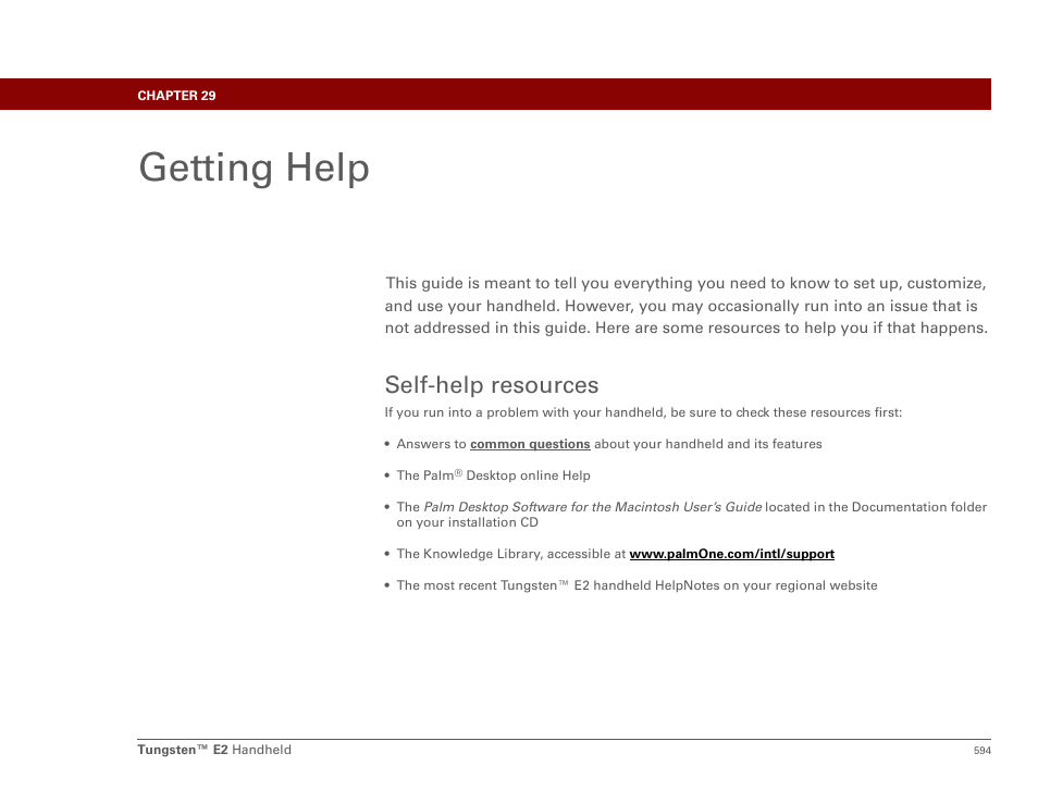 Getting help, Self-help resources, Chapter 29: getting help | Palm E2 User Manual | Page 615 / 653