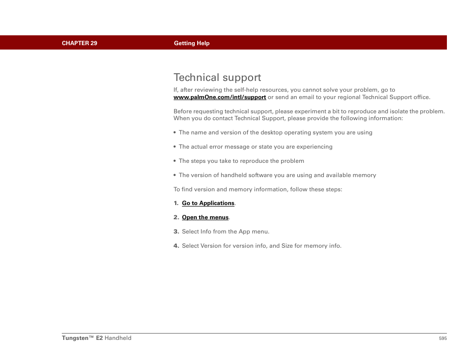 Technical support | Palm E2 User Manual | Page 616 / 653