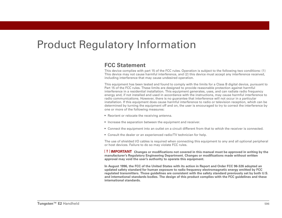 Product regulatory information, Fcc statement | Palm E2 User Manual | Page 617 / 653