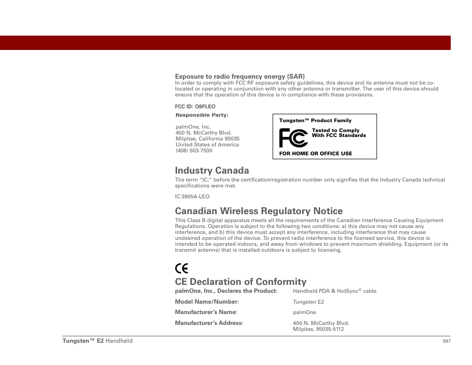 Industry canada, Canadian wireless regulatory notice, Ce declaration of conformity | Palm E2 User Manual | Page 618 / 653