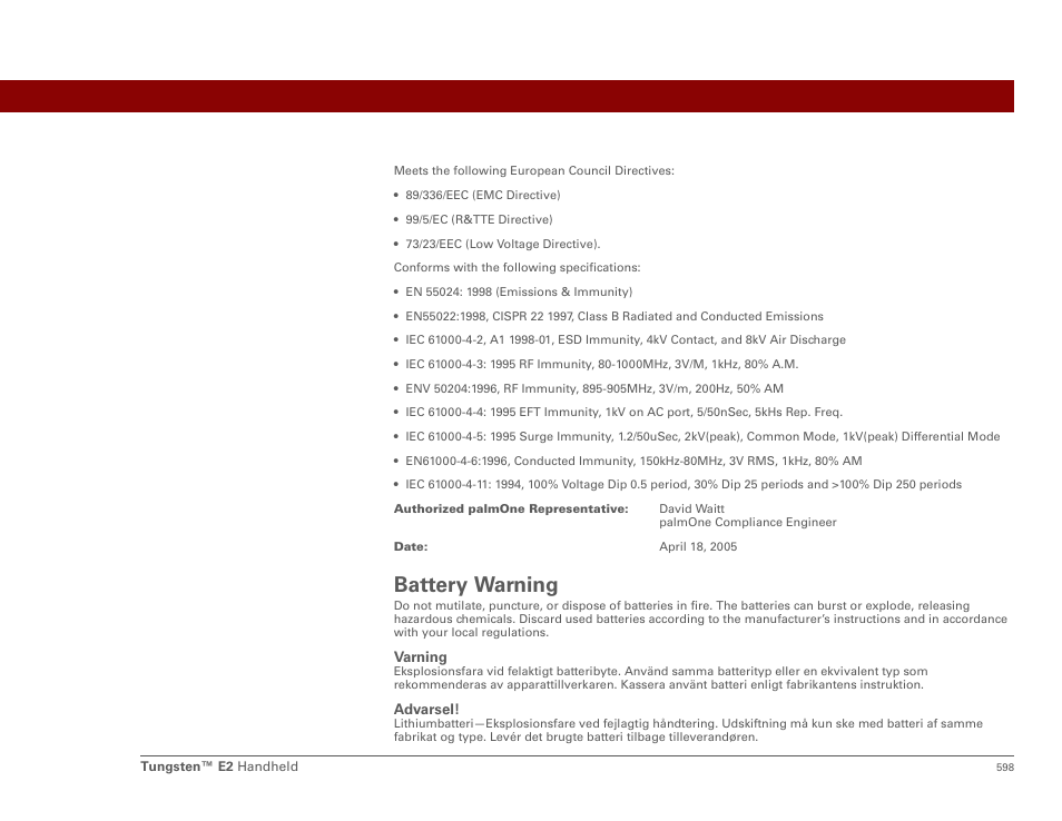 Battery warning | Palm E2 User Manual | Page 619 / 653