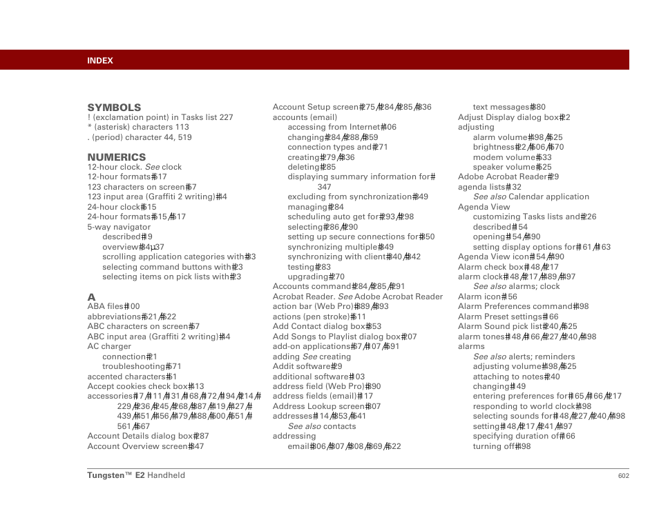 Index | Palm E2 User Manual | Page 623 / 653