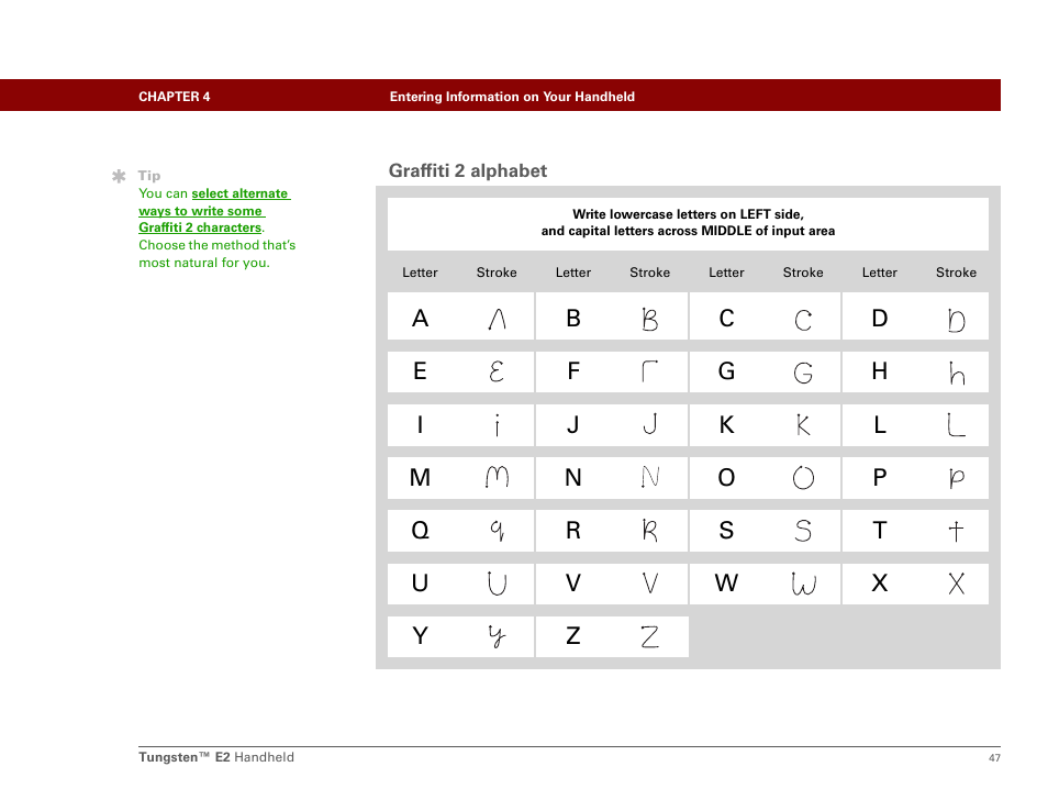 Graffiti 2 alphabet | Palm E2 User Manual | Page 68 / 653