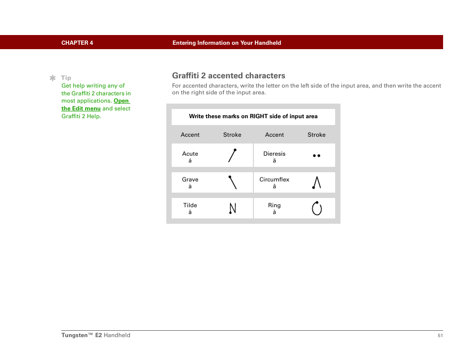 Graffiti 2 accented characters | Palm E2 User Manual | Page 72 / 653