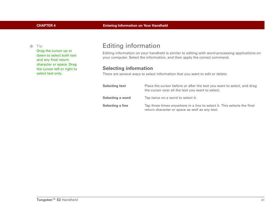 Editing information, Selecting information | Palm E2 User Manual | Page 82 / 653