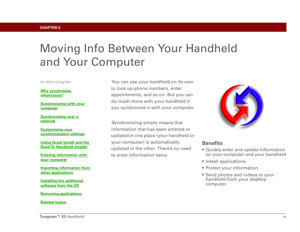 Moving info, Synchronizing, Move and manage the | Palm E2 User Manual | Page 86 / 653