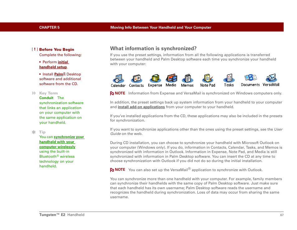 What information is synchronized, Synchronize your handheld with microsoft, Outlook on yo | Palm E2 User Manual | Page 88 / 653