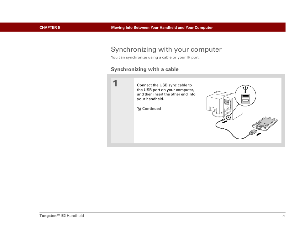 Synchronizing with your computer, Synchronizing with a cable | Palm E2 User Manual | Page 92 / 653