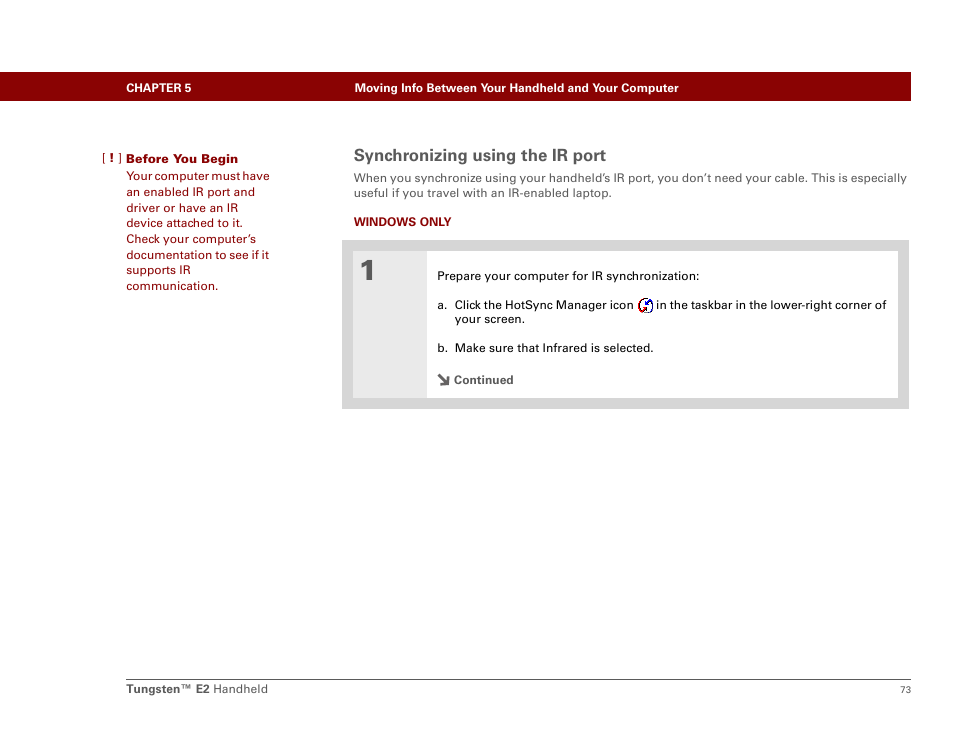 Synchronizing using the ir port | Palm E2 User Manual | Page 94 / 653