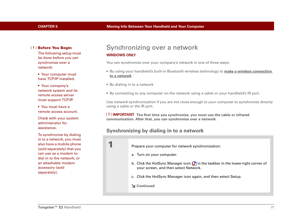 Synchronizing over a network, Synchronizing by dialing in to a network | Palm E2 User Manual | Page 98 / 653