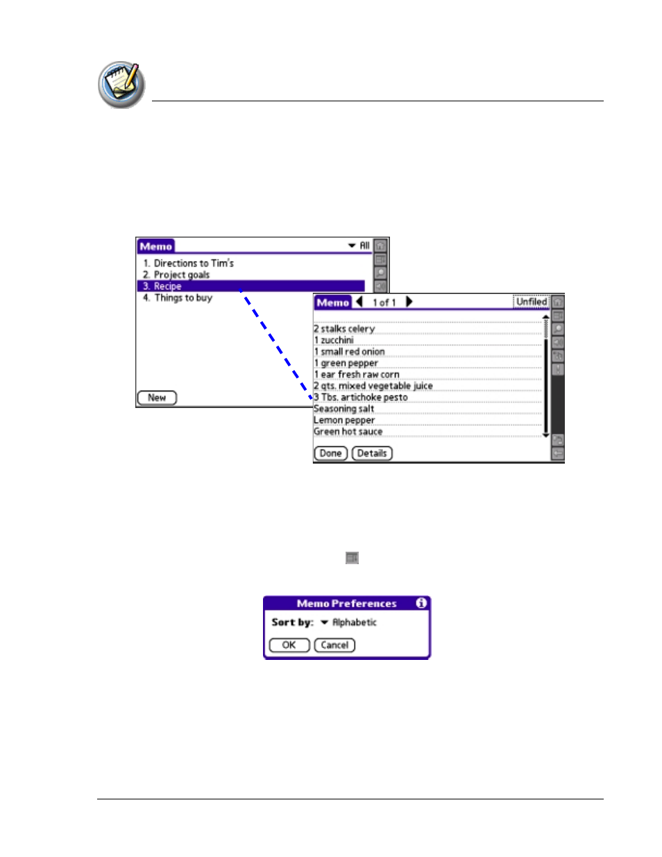 Reviewing memos, Arranging the memo list, Reviewing memos arranging the memo list | Reviewing, Arranging | Palm TapWave Zodiac User Manual | Page 112 / 201