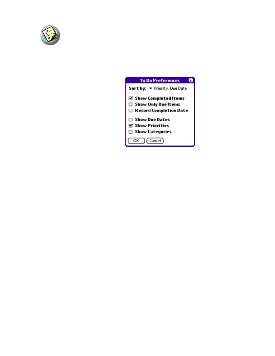 Sorting to do items, Setting to do list preferences, Sorting to do items setting to do list preferences | Setting | Palm TapWave Zodiac User Manual | Page 118 / 201