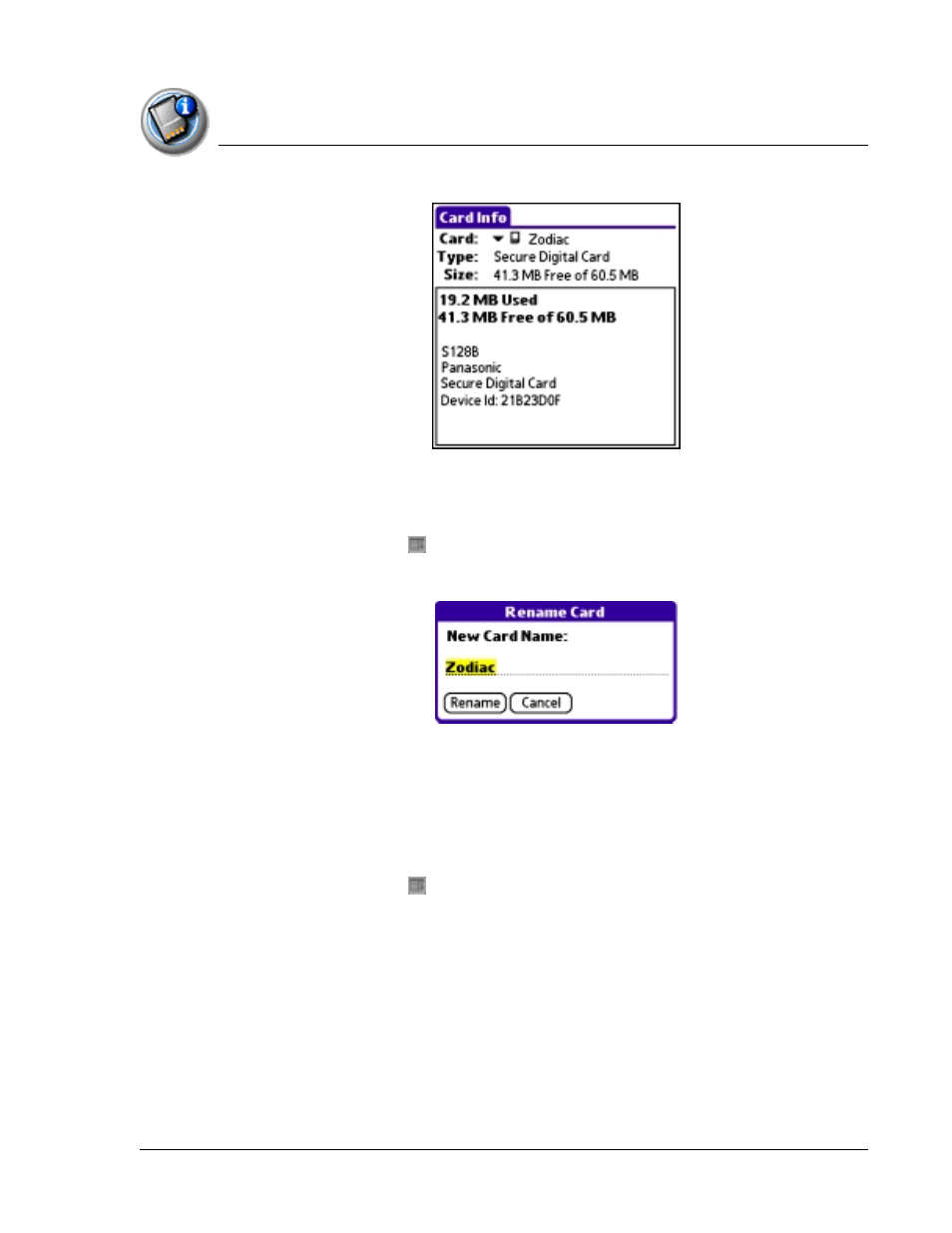 Renaming an expansion card, Reformatting an expansion card | Palm TapWave Zodiac User Manual | Page 165 / 201