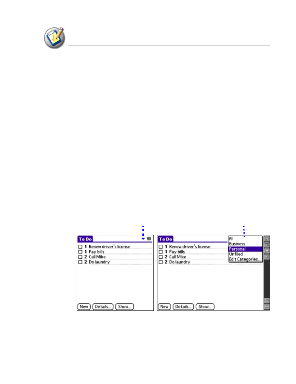 Moving a record into a category, Displaying a category of records | Palm TapWave Zodiac User Manual | Page 75 / 201