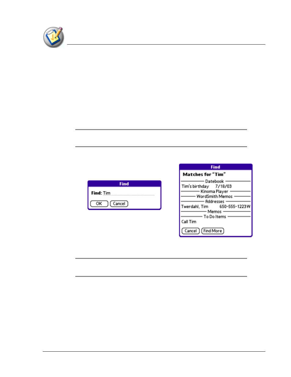 Using the find dialog box, Using phone lookup, Using the find dialog box using phone lookup | Using phone lo | Palm TapWave Zodiac User Manual | Page 78 / 201