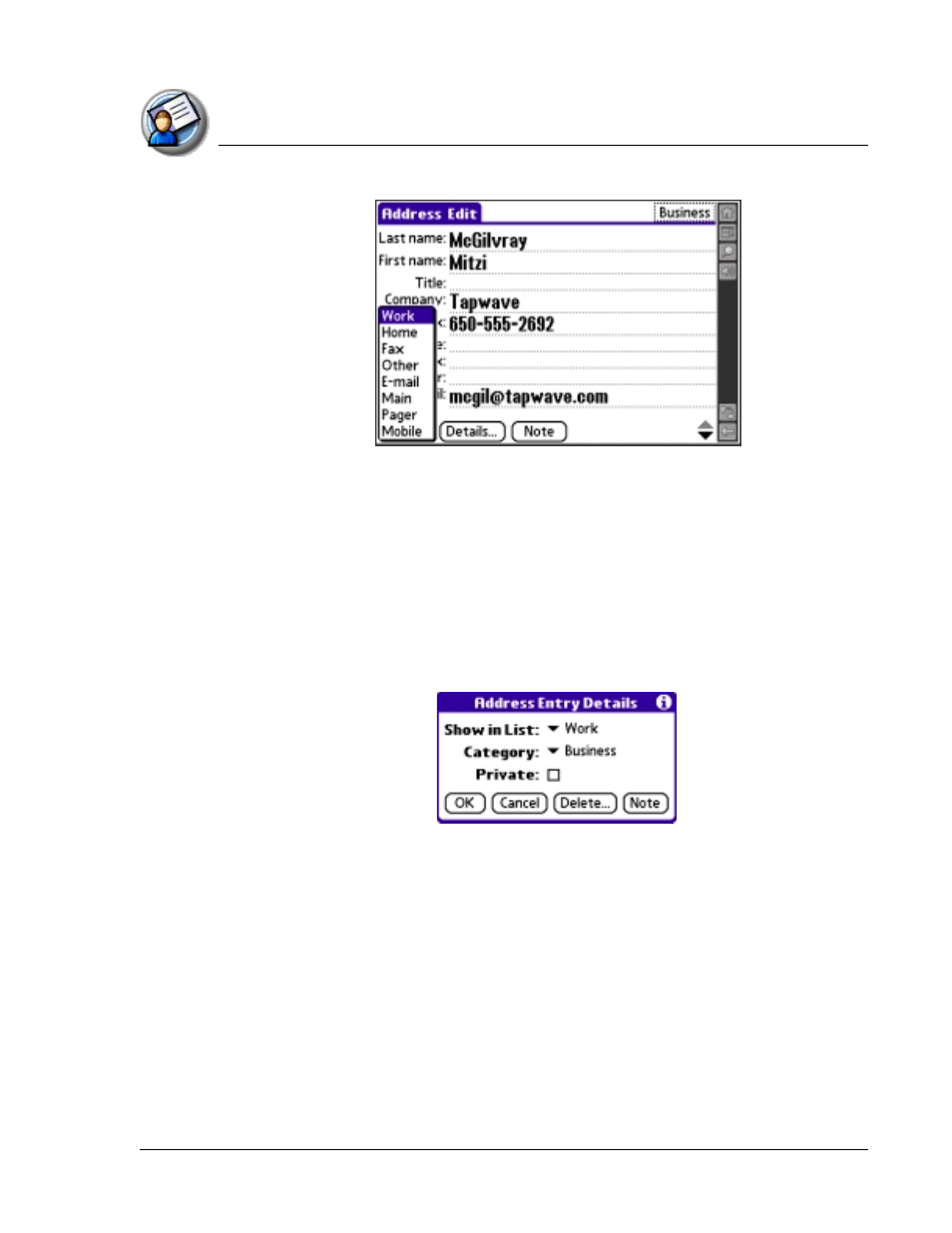 Editing address book entries, Editing address book | Palm TapWave Zodiac User Manual | Page 89 / 201
