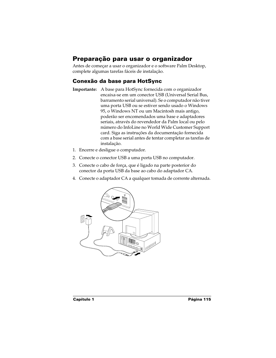 Preparação para usar o organizador, Conexão da base para hotsync | Palm Handhelds m500 Series User Manual | Page 115 / 150
