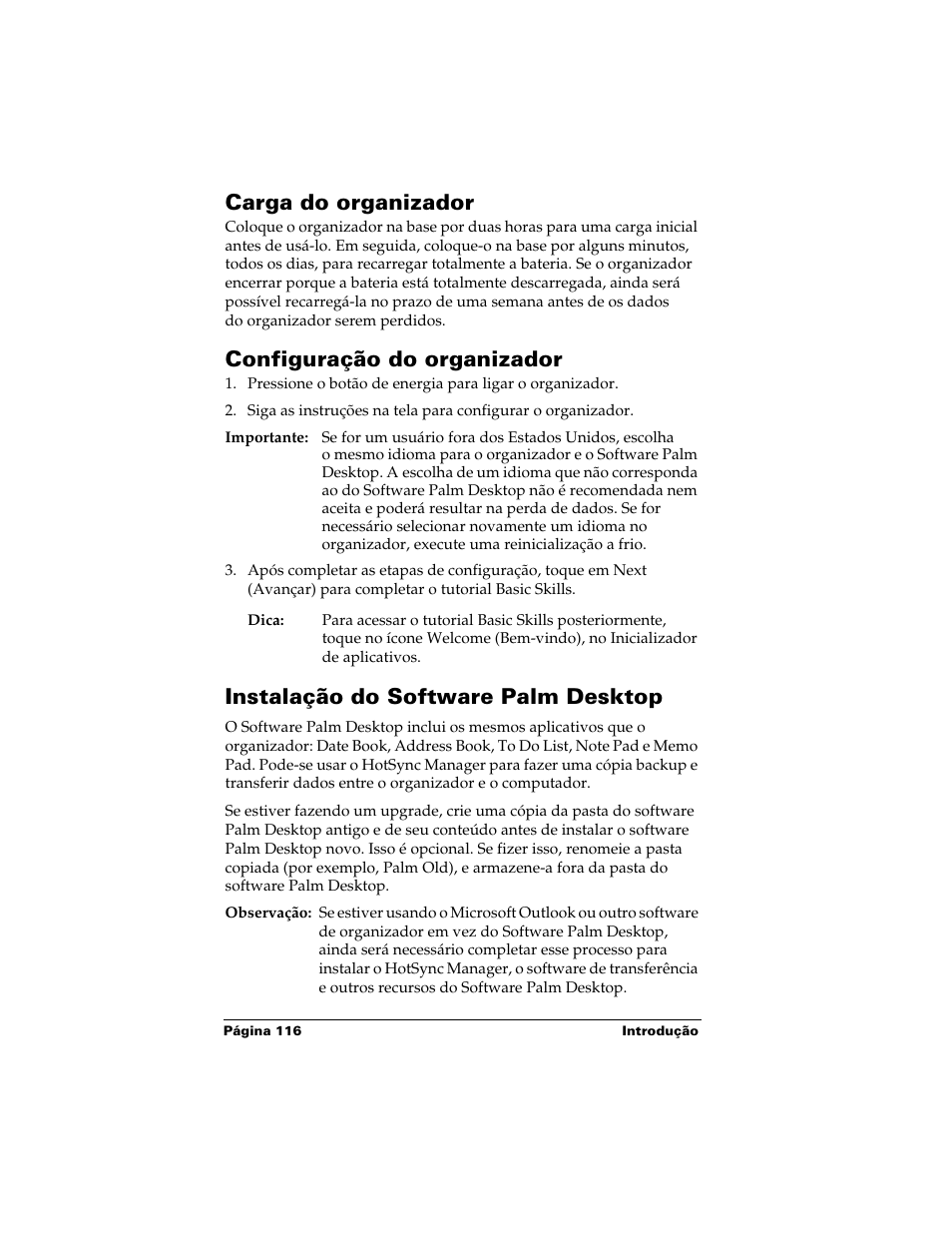 Carga do organizador, Configuração do organizador, Instalação do software palm desktop | Palm Handhelds m500 Series User Manual | Page 116 / 150