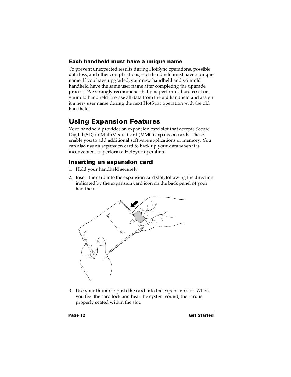 Using expansion features, Inserting an expansion card | Palm Handhelds m500 Series User Manual | Page 12 / 150