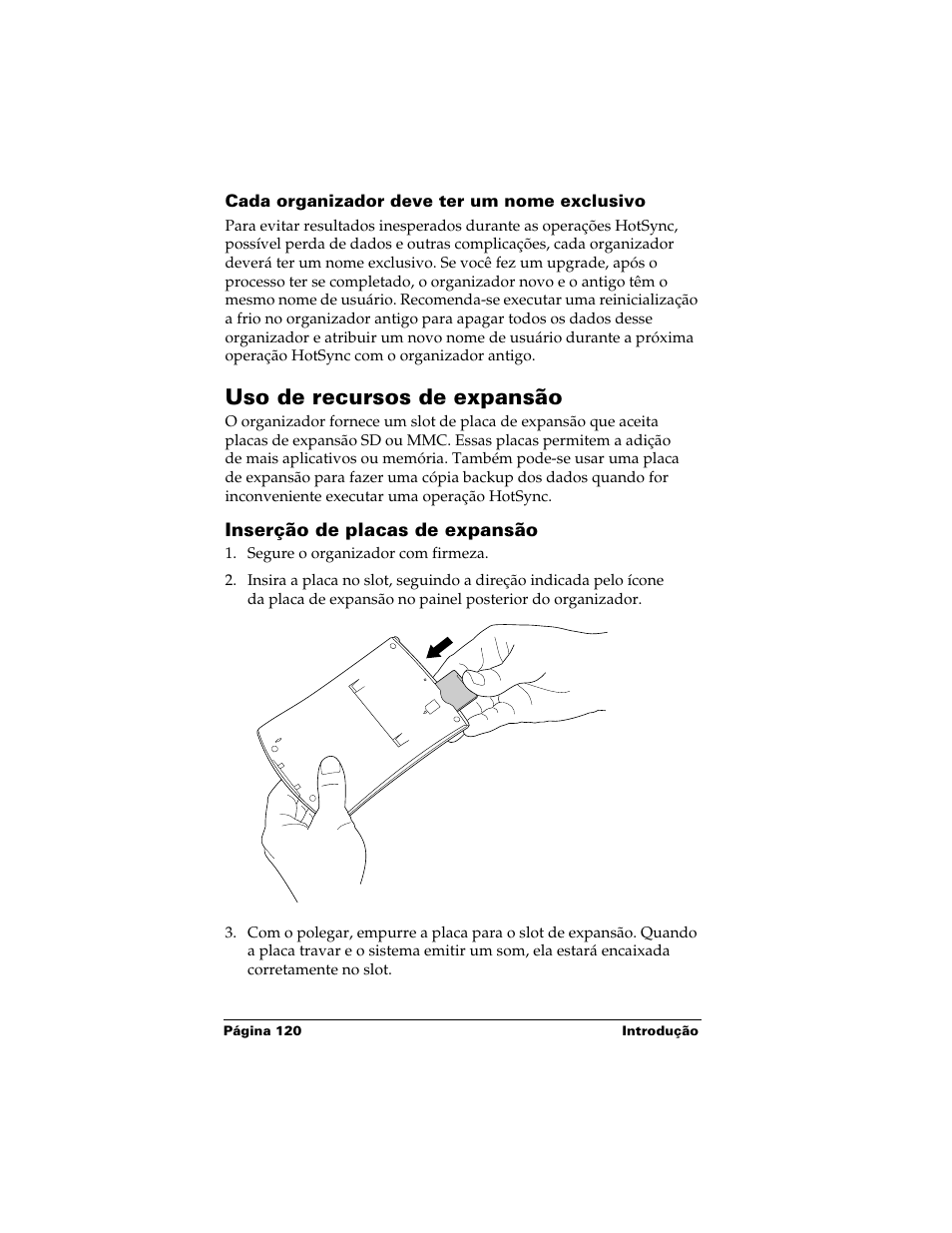 Uso de recursos de expansão, Inserção de placas de expansão | Palm Handhelds m500 Series User Manual | Page 120 / 150