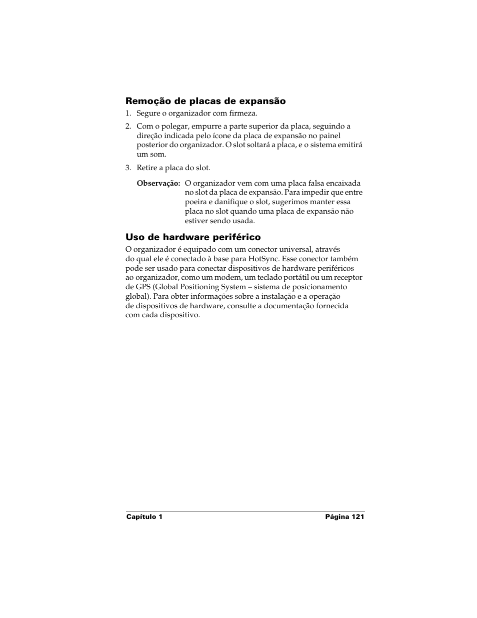 Remoção de placas de expansão, Uso de hardware periférico | Palm Handhelds m500 Series User Manual | Page 121 / 150