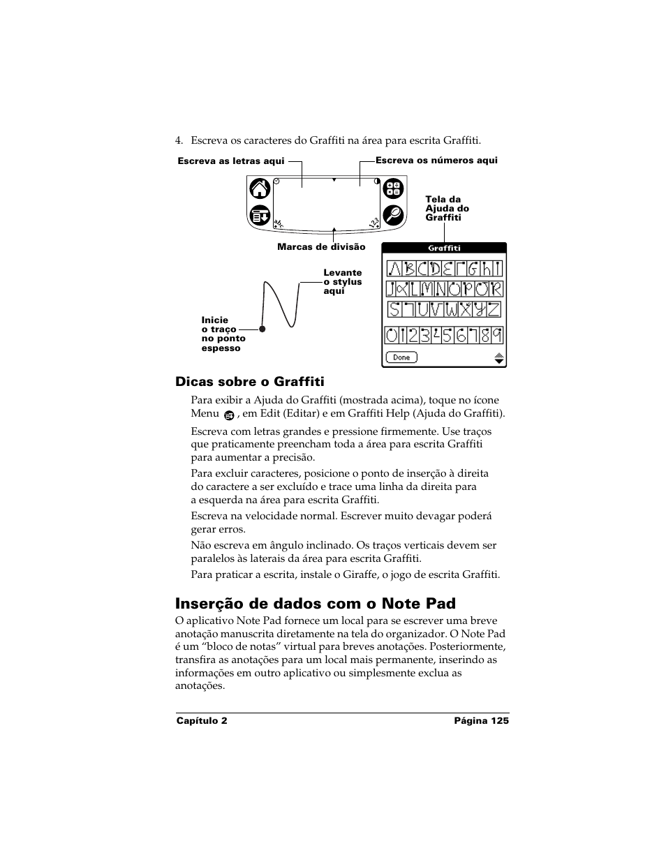 Dicas sobre o graffiti, Inserção de dados com o note pad | Palm Handhelds m500 Series User Manual | Page 125 / 150