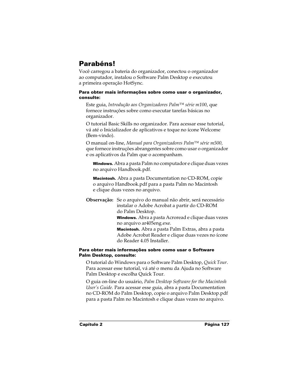 Parabéns | Palm Handhelds m500 Series User Manual | Page 127 / 150