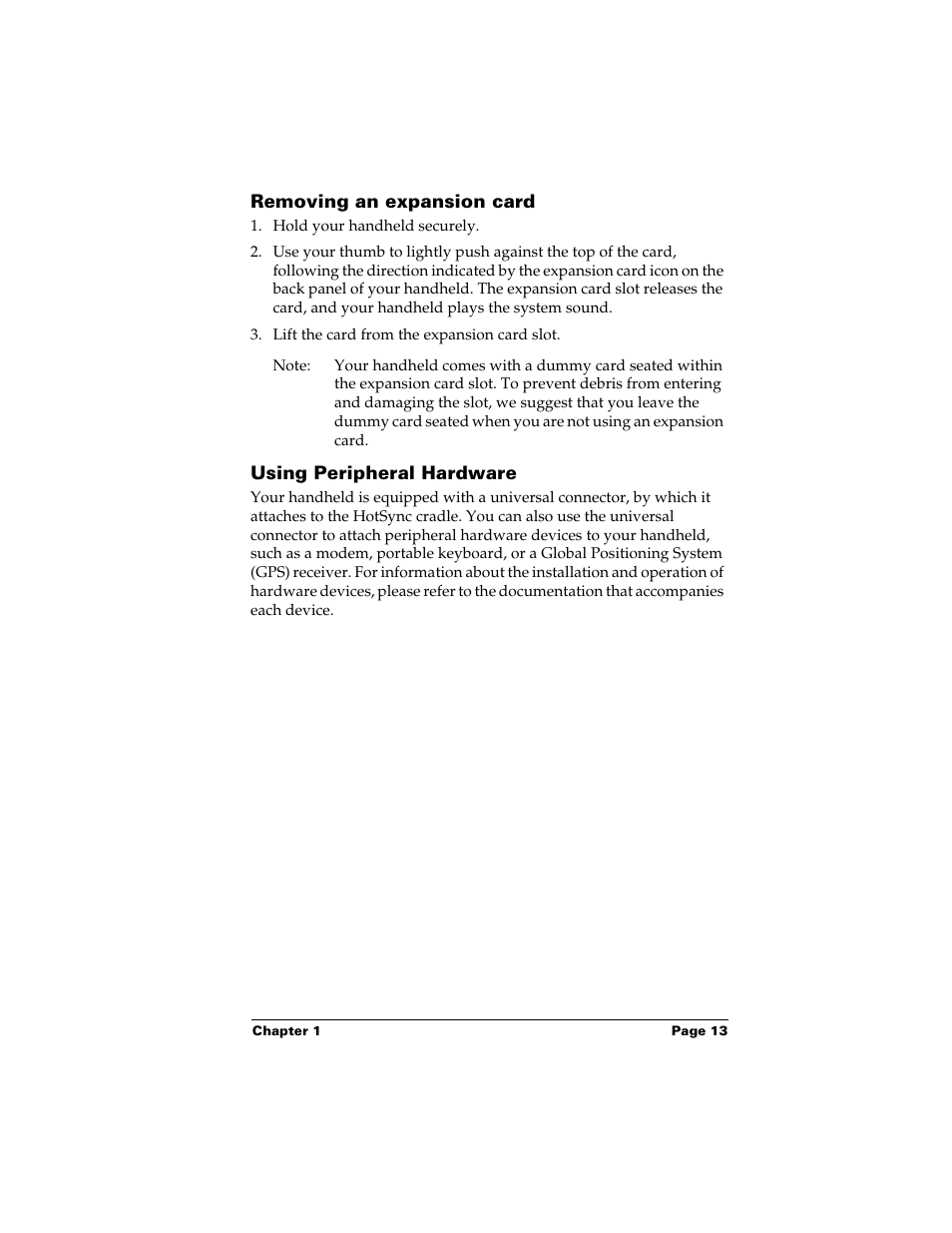 Removing an expansion card, Using peripheral hardware | Palm Handhelds m500 Series User Manual | Page 13 / 150