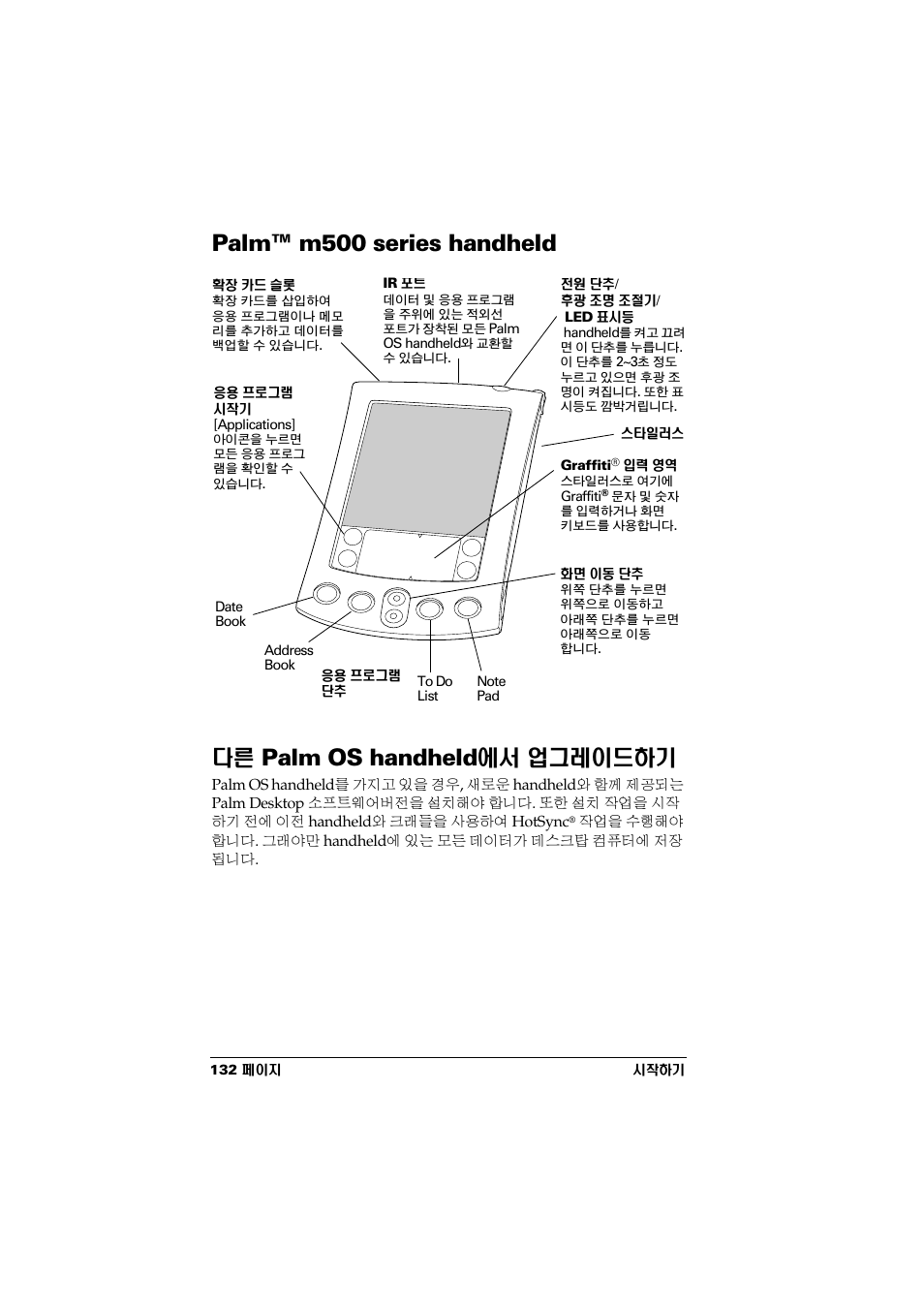 Palm™ m500 series handheld, 다른 palm os handheld에서 업그레이드하기, Palm os handheld | Palm Handhelds m500 Series User Manual | Page 134 / 150