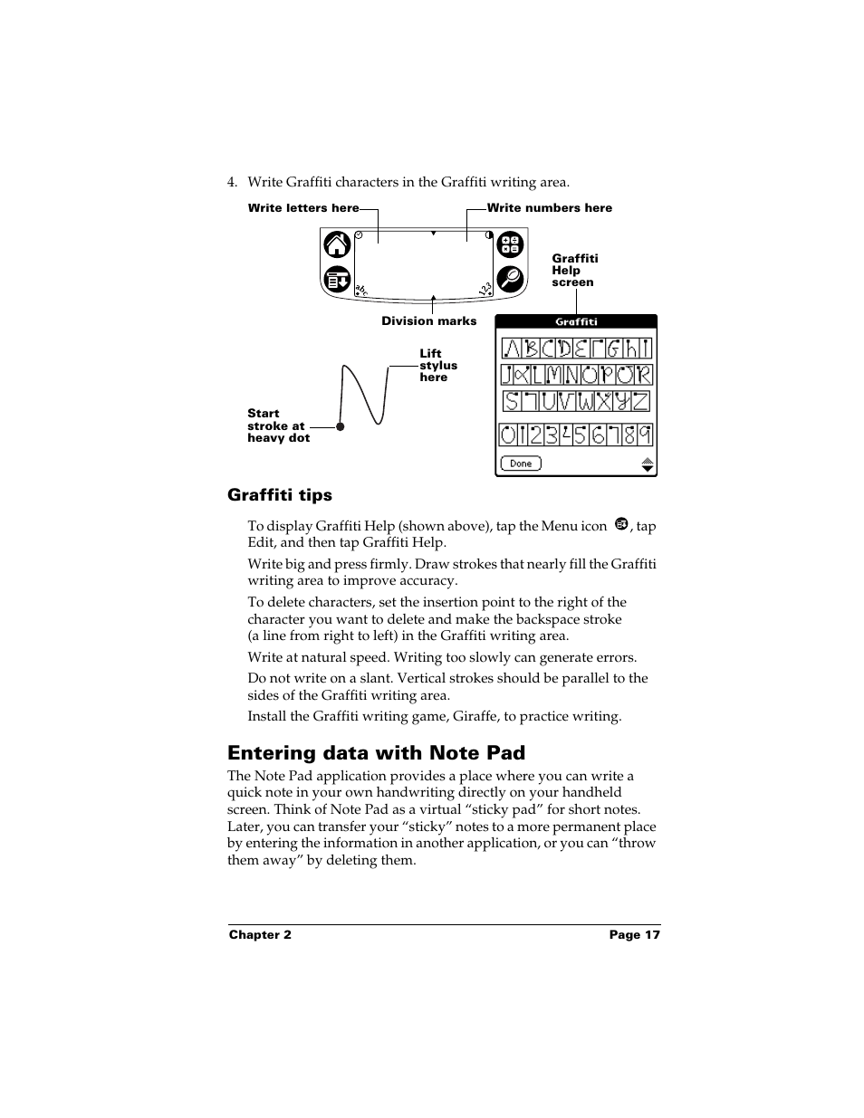 Graffiti tips, Entering data with note pad | Palm Handhelds m500 Series User Manual | Page 17 / 150