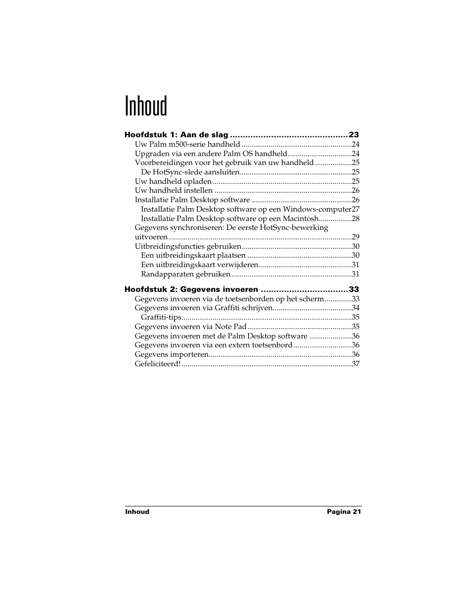 Nederlands, Inhoud | Palm Handhelds m500 Series User Manual | Page 21 / 150