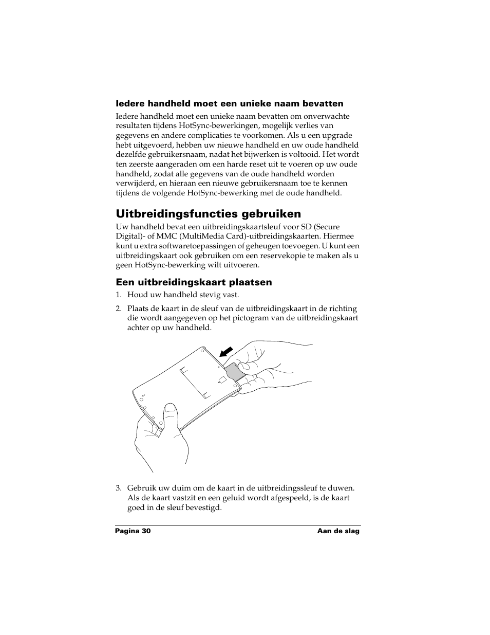 Uitbreidingsfuncties gebruiken, Een uitbreidingskaart plaatsen | Palm Handhelds m500 Series User Manual | Page 30 / 150