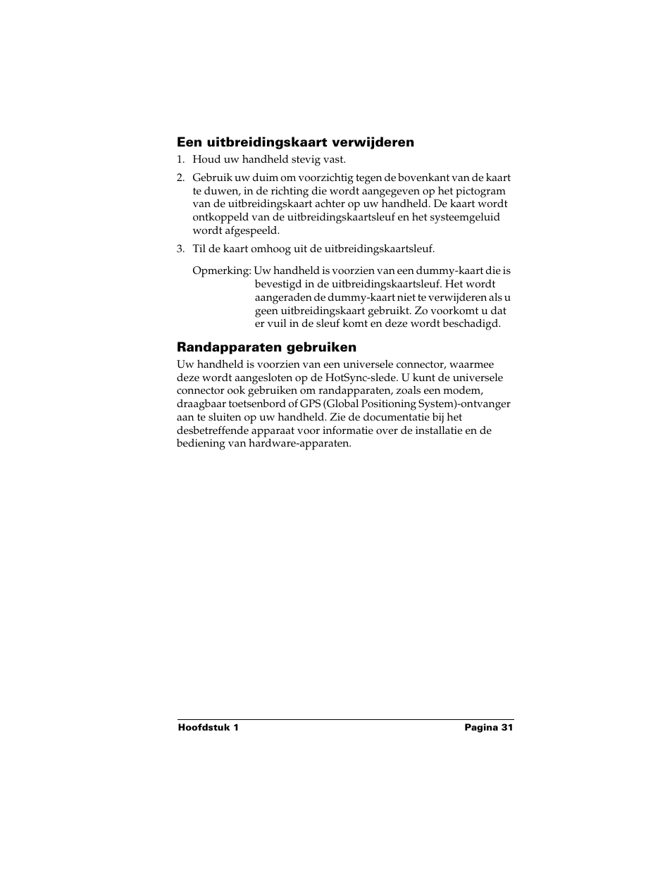 Een uitbreidingskaart verwijderen, Randapparaten gebruiken | Palm Handhelds m500 Series User Manual | Page 31 / 150