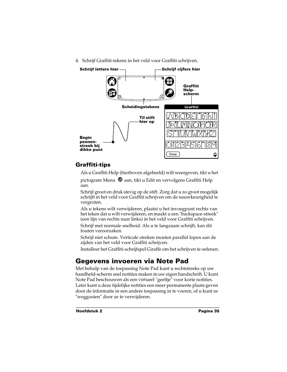 Graffiti-tips, Gegevens invoeren via note pad | Palm Handhelds m500 Series User Manual | Page 35 / 150