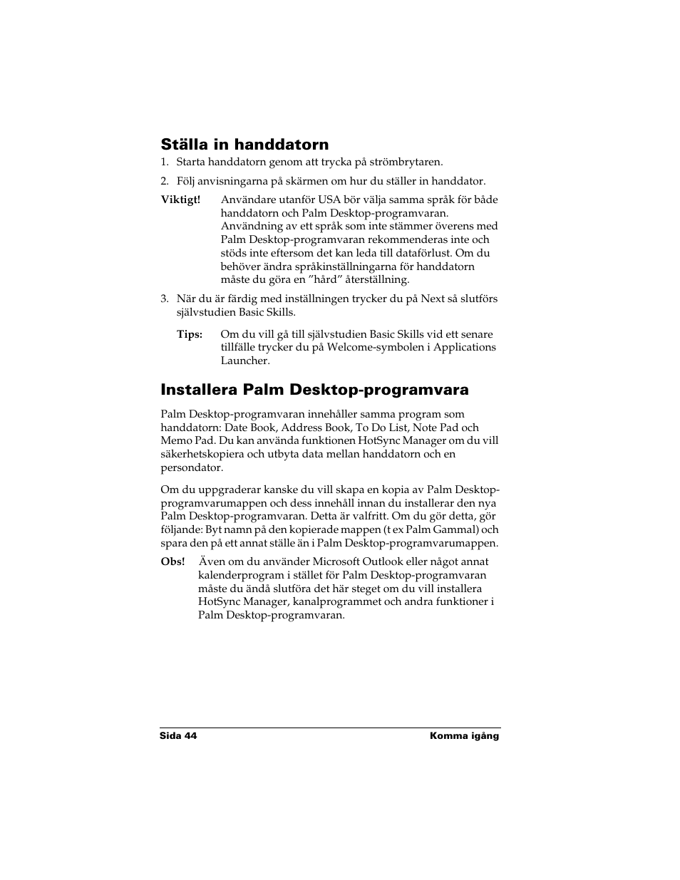 Ställa in handdatorn, Installera palm desktop-programvara | Palm Handhelds m500 Series User Manual | Page 44 / 150