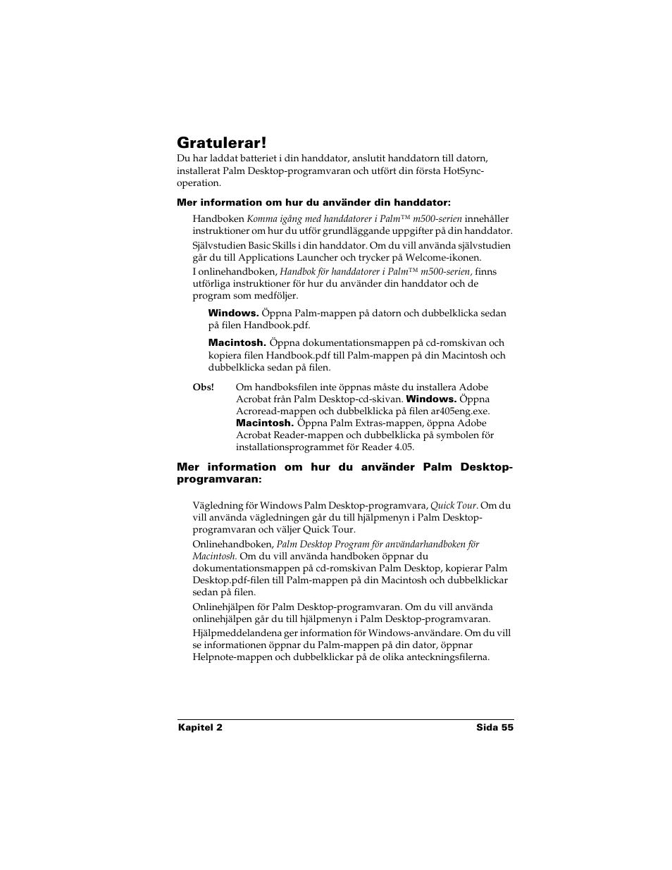 Gratulerar, Mer information om hur du använder din handdator | Palm Handhelds m500 Series User Manual | Page 55 / 150