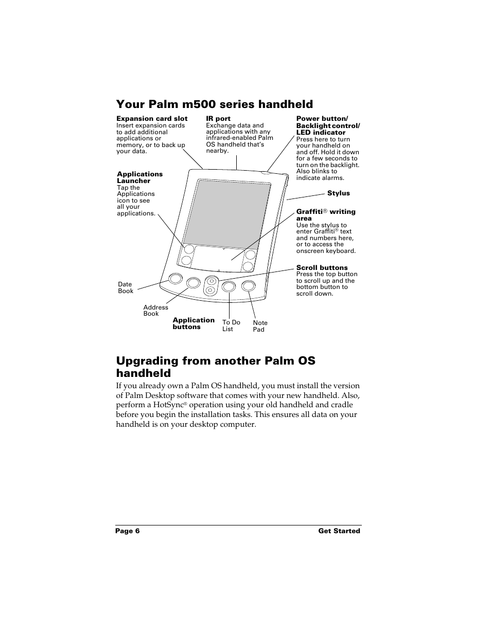 Your palm m500 series handheld, Upgrading from another palm os handheld | Palm Handhelds m500 Series User Manual | Page 6 / 150