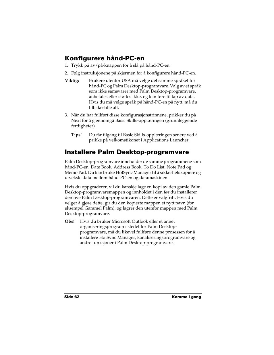 Konfigurere hånd-pc-en, Installere palm desktop-programvare | Palm Handhelds m500 Series User Manual | Page 62 / 150