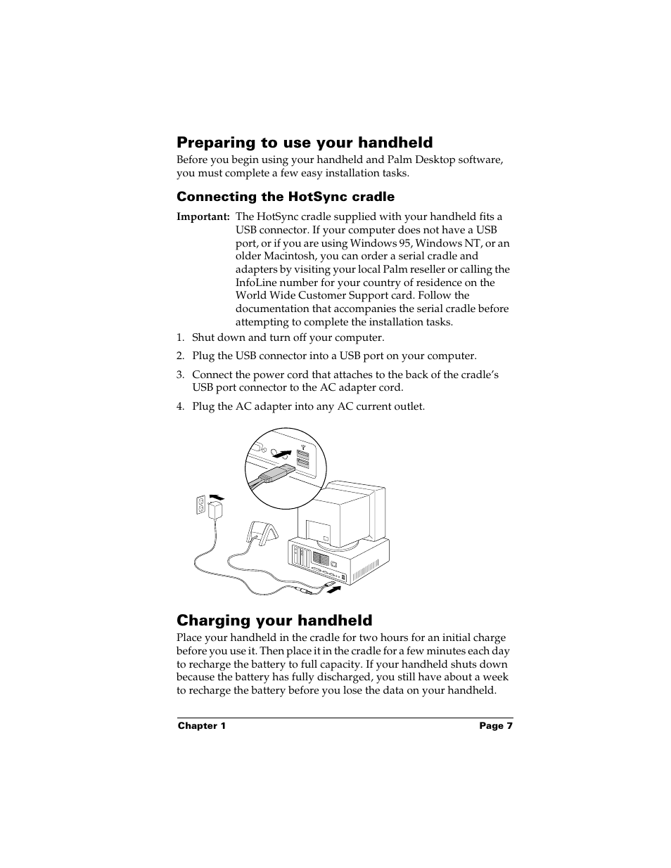 Preparing to use your handheld, Connecting the hotsync cradle, Charging your handheld | Palm Handhelds m500 Series User Manual | Page 7 / 150