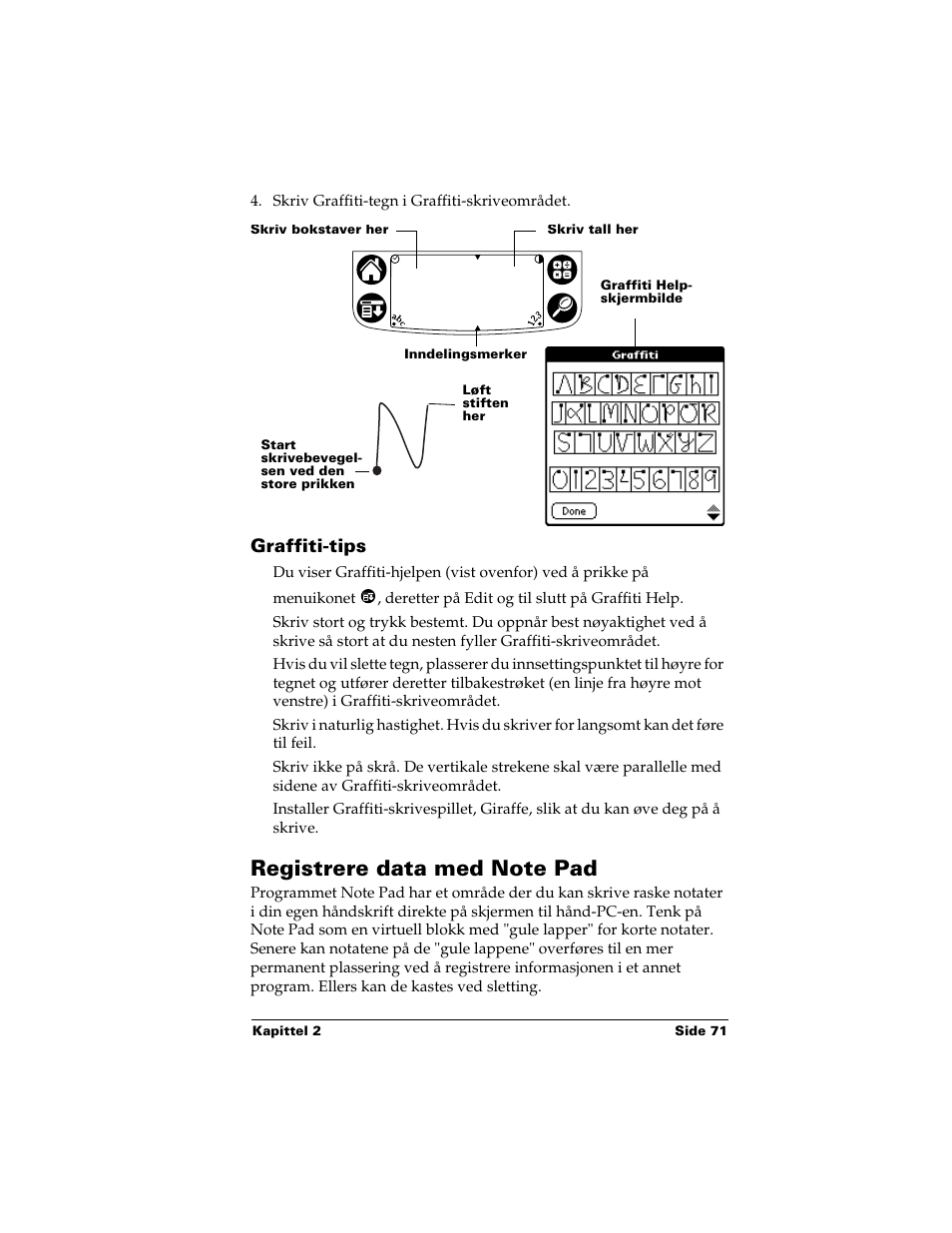 Graffiti-tips, Registrere data med note pad | Palm Handhelds m500 Series User Manual | Page 71 / 150