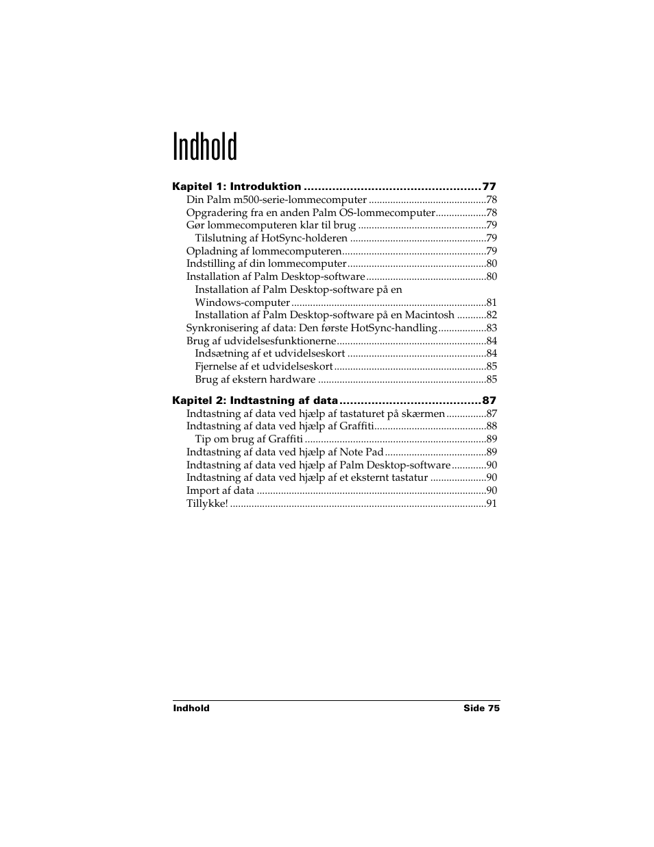 Dansk, Indhold | Palm Handhelds m500 Series User Manual | Page 75 / 150