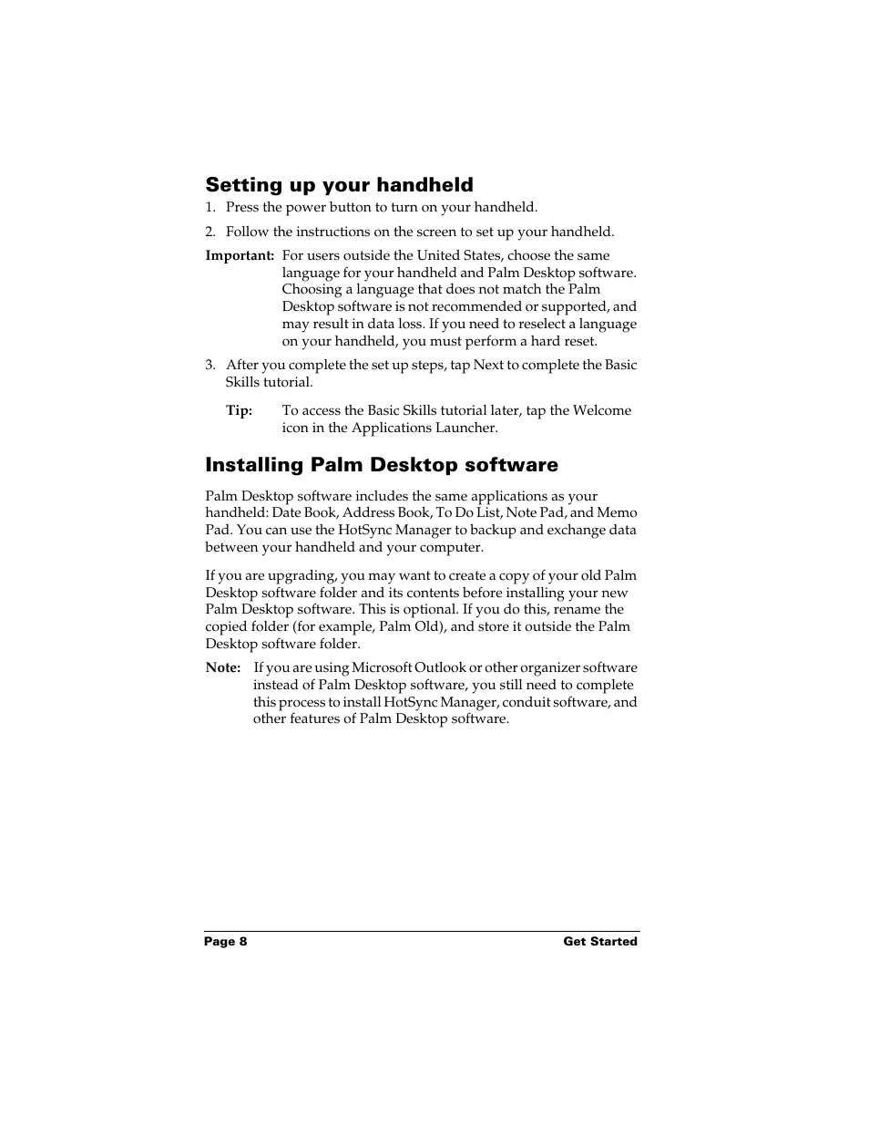 Setting up your handheld, Installing palm desktop software | Palm Handhelds m500 Series User Manual | Page 8 / 150