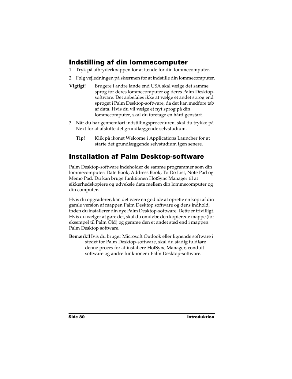 Indstilling af din lommecomputer, Installation af palm desktop-software | Palm Handhelds m500 Series User Manual | Page 80 / 150