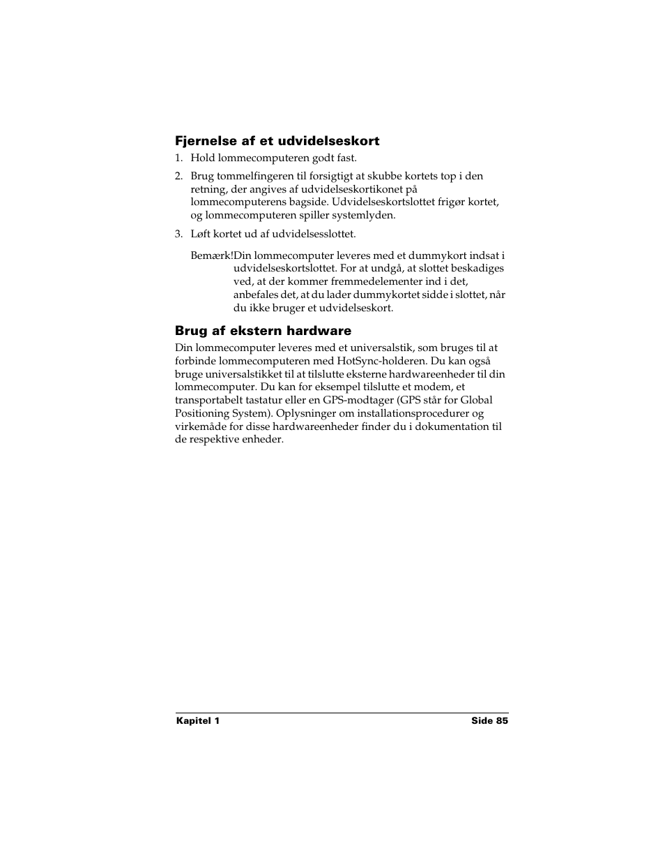 Fjernelse af et udvidelseskort, Brug af ekstern hardware | Palm Handhelds m500 Series User Manual | Page 85 / 150