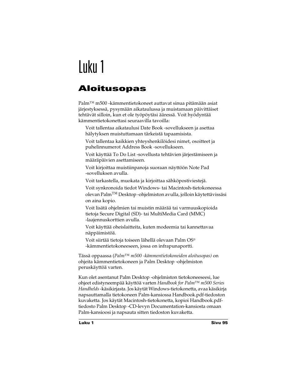 Luku 1, Aloitusopas | Palm Handhelds m500 Series User Manual | Page 95 / 150