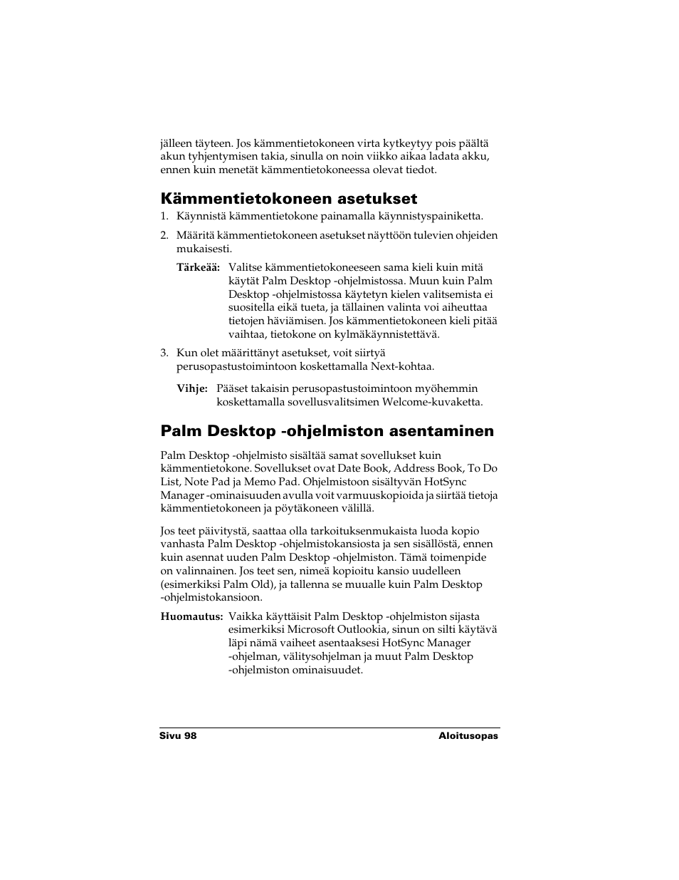 Kämmentietokoneen asetukset, Palm desktop -ohjelmiston asentaminen | Palm Handhelds m500 Series User Manual | Page 98 / 150