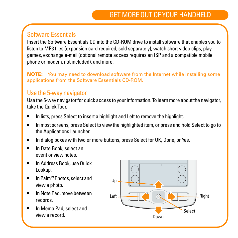 Get more out of your handheld, Software essentials, Use the 5-way navigator | Palm TM Zire Zire 71 User Manual | Page 12 / 18