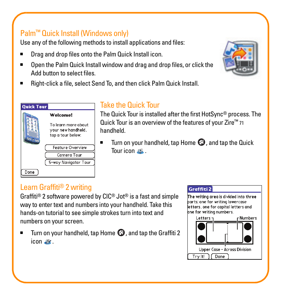 Palm, Quick install (windows only), Take the quick tour | Learn graffiti, 2 writing | Palm TM Zire Zire 71 User Manual | Page 13 / 18