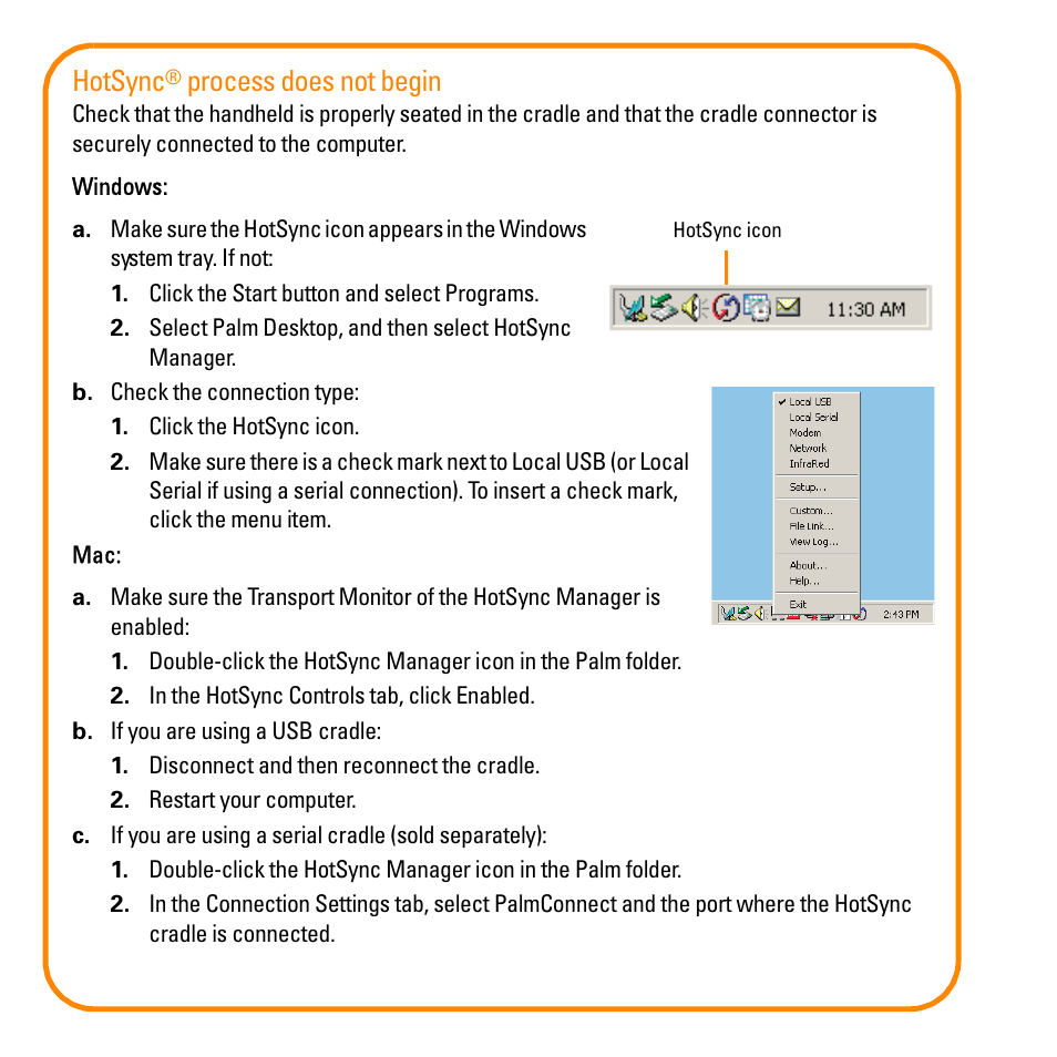 Hotsync, Process does not begin | Palm TM Zire Zire 71 User Manual | Page 17 / 18